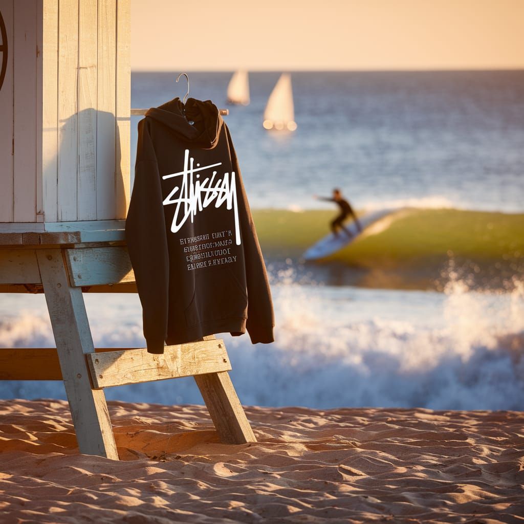 Streetwear Fashion on Beach with Surfer, Golden Hour