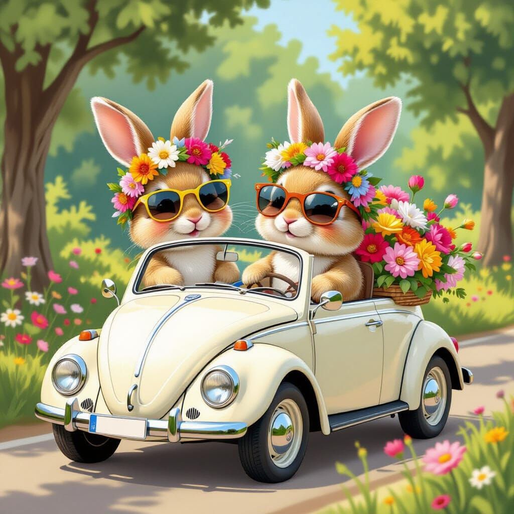 Bunnies Driving a Flower Car, Whimsical Art