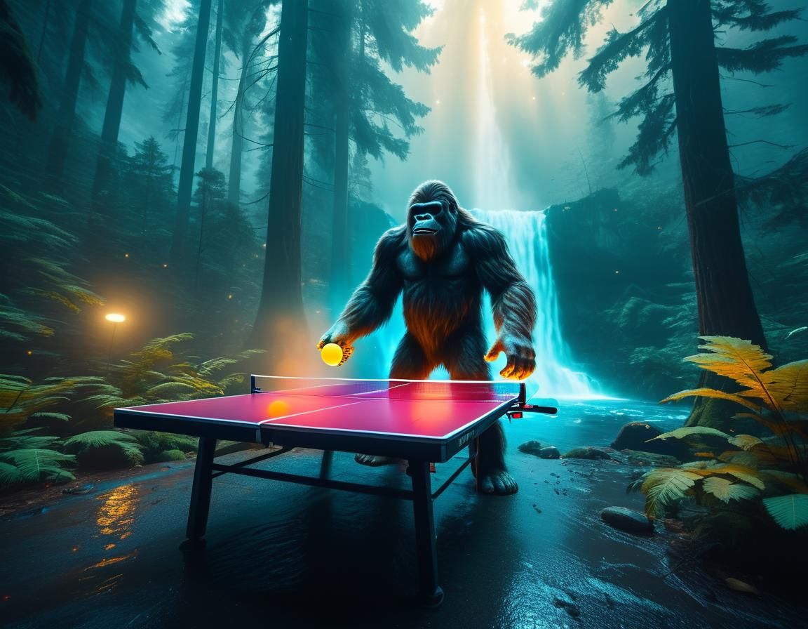 Bigfoot Plays Ping Pong in Misty Forest
