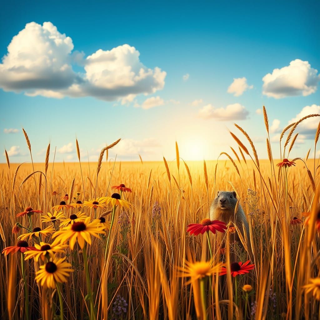Golden Prairie Serenity with Curious Groundhog