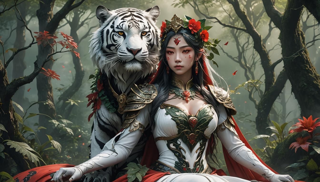 Anime War Goddess Rides Tiger in Misty Forest