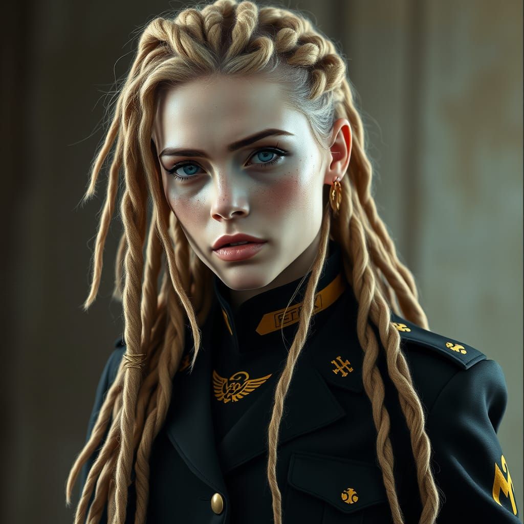 Strong Female Warrior in Black Military Gear