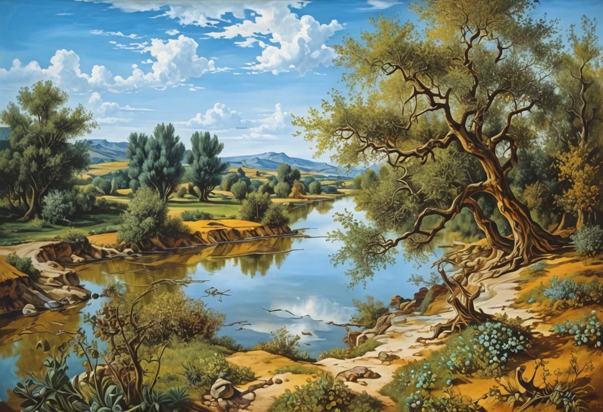 Surreal Rural Landscape River in Dali Style