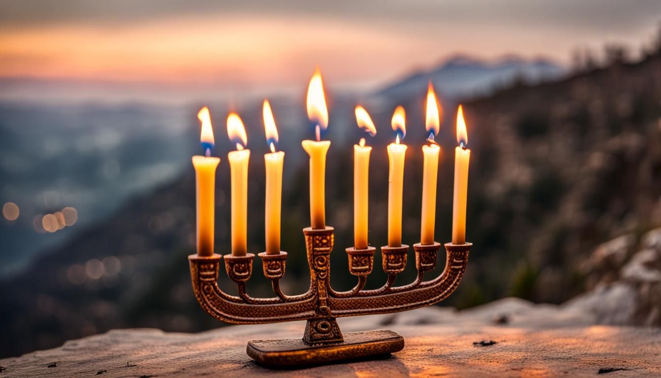 Menorah Burning Brightly on Mountain Cliff