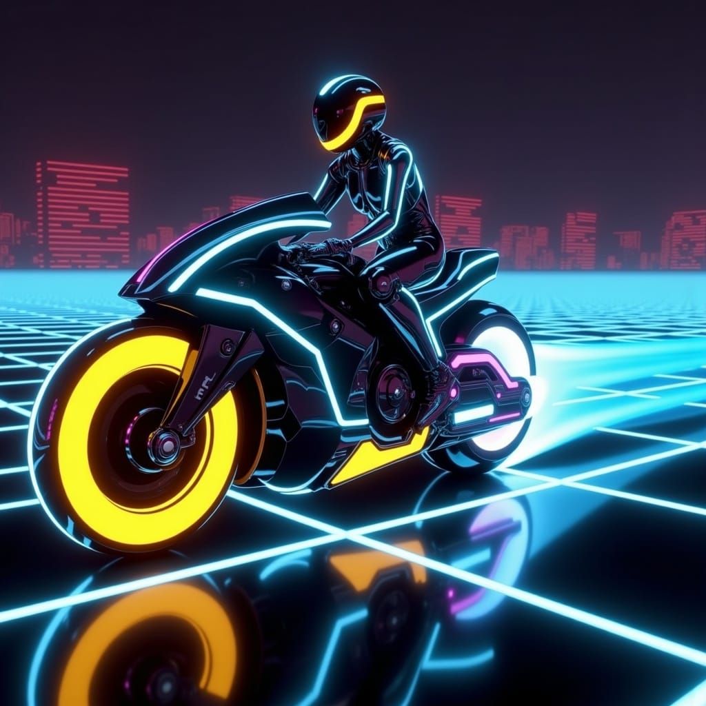 Neon Figure Races Through Digital Grid in Tron Style