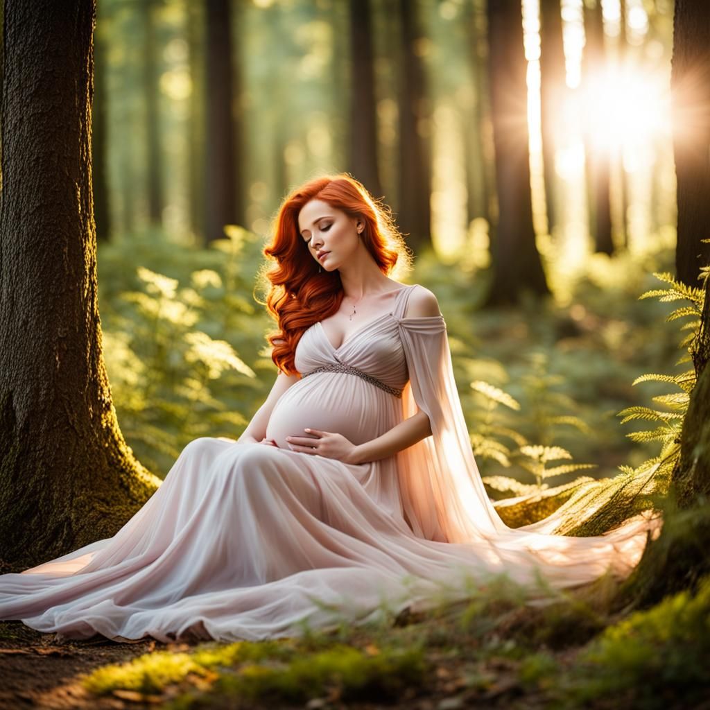 Pregnant Woman in Forest Sunlight
