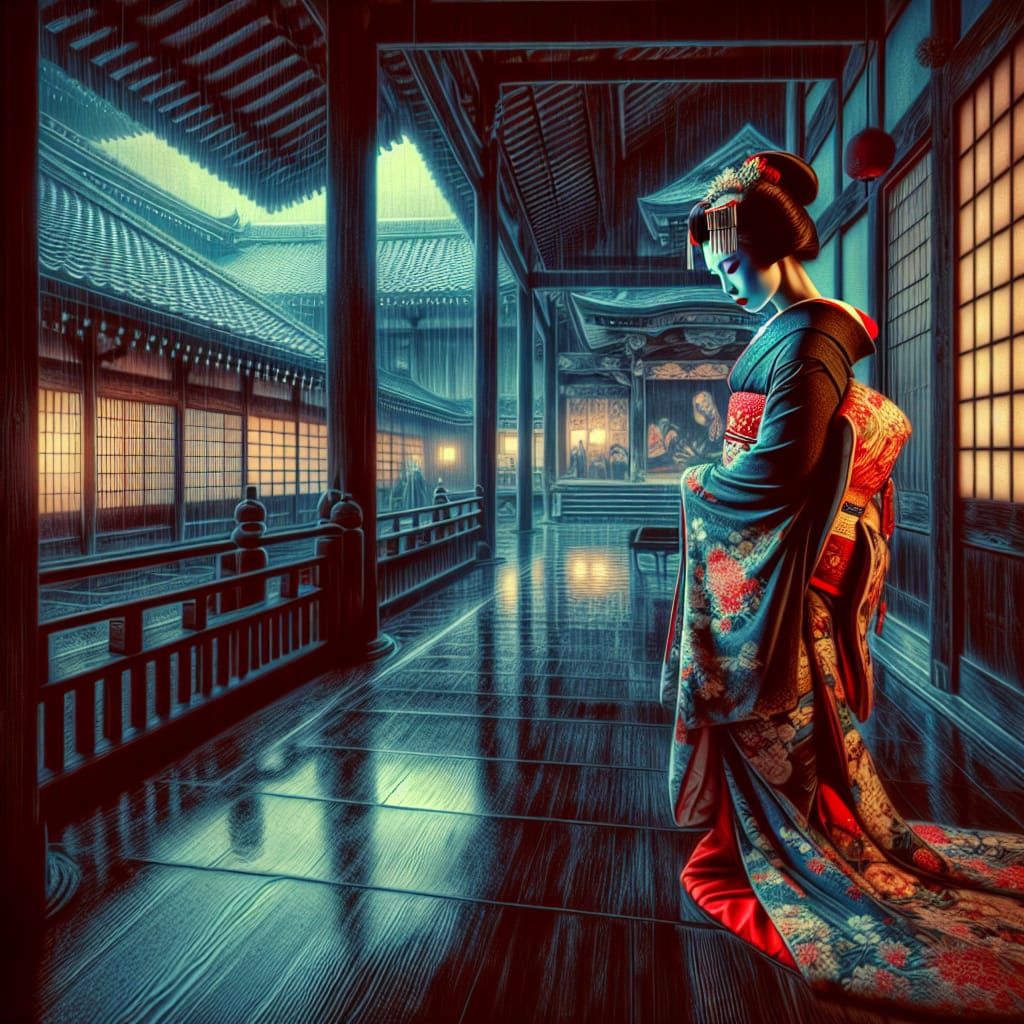 Geisha in Traditional Japanese Building, Ukiyo-e Style
