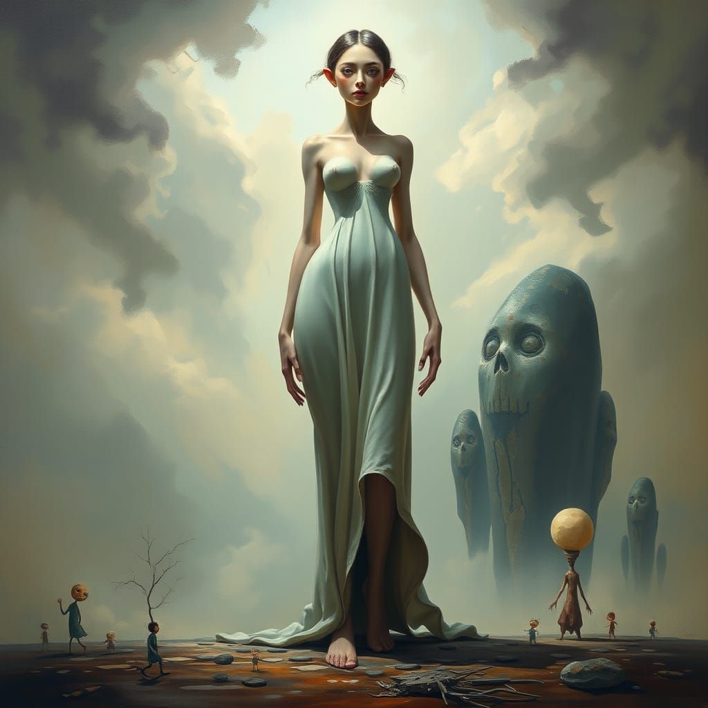 Ethereal Figure in Whimsical Dreamscape Oil Painting