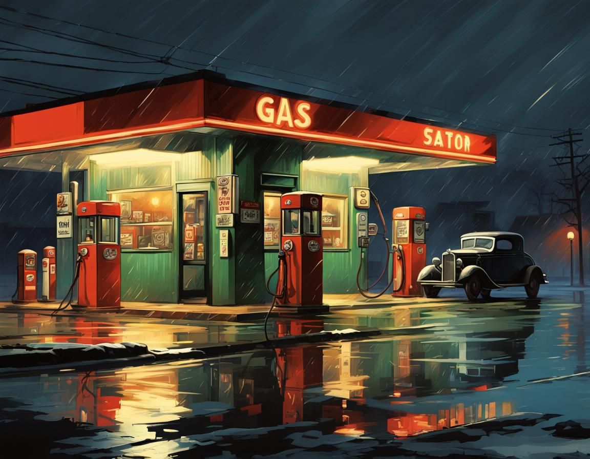 1930s Gas Station at Night in Comic Book Style