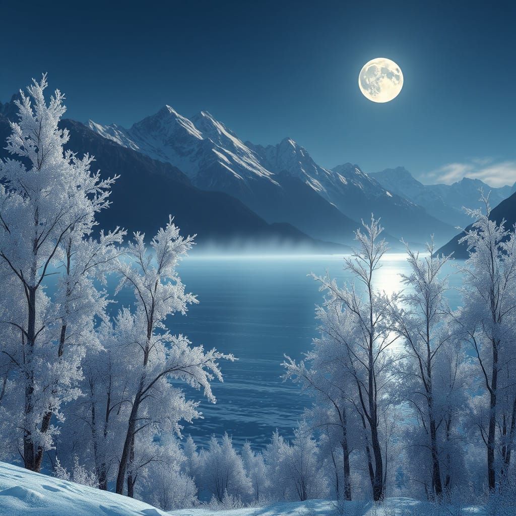 Moonlit Frosty Birch Trees Beside a Frozen Mountain Lake in ...
