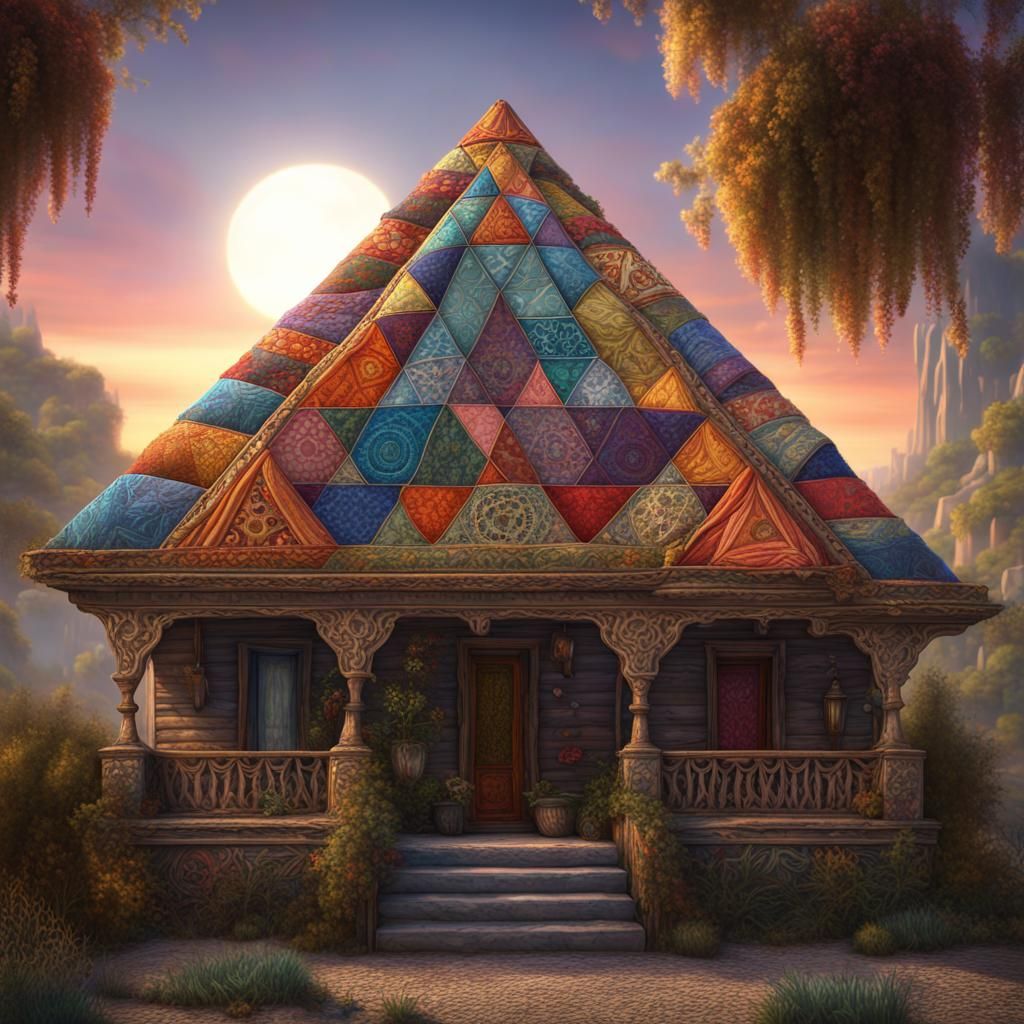 Crocheted Quilt Landscape with Sun, Moon and Sky