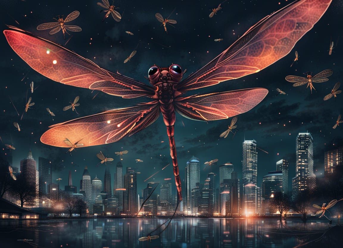 Dragonfly Swarm Over City at Night