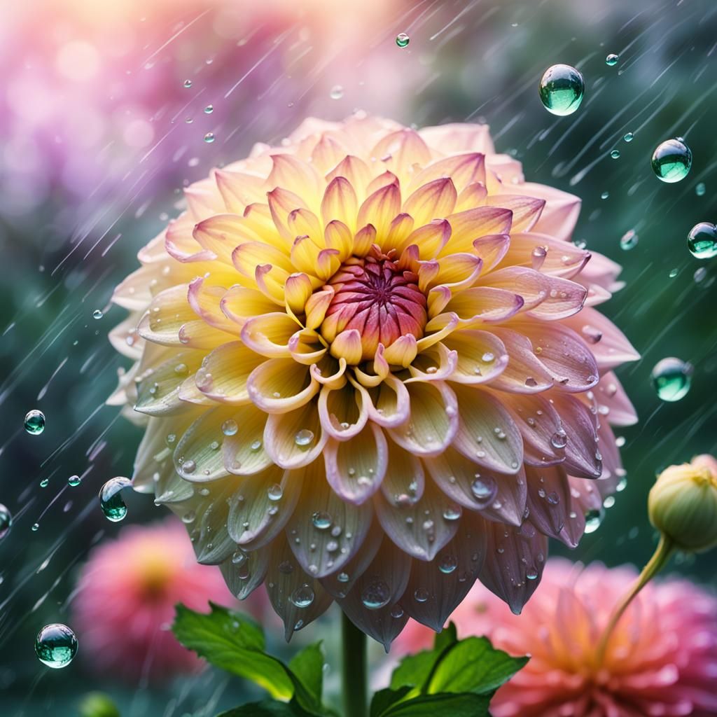 Hyperrealistic Dahlia with Raindrops in Lush Garden