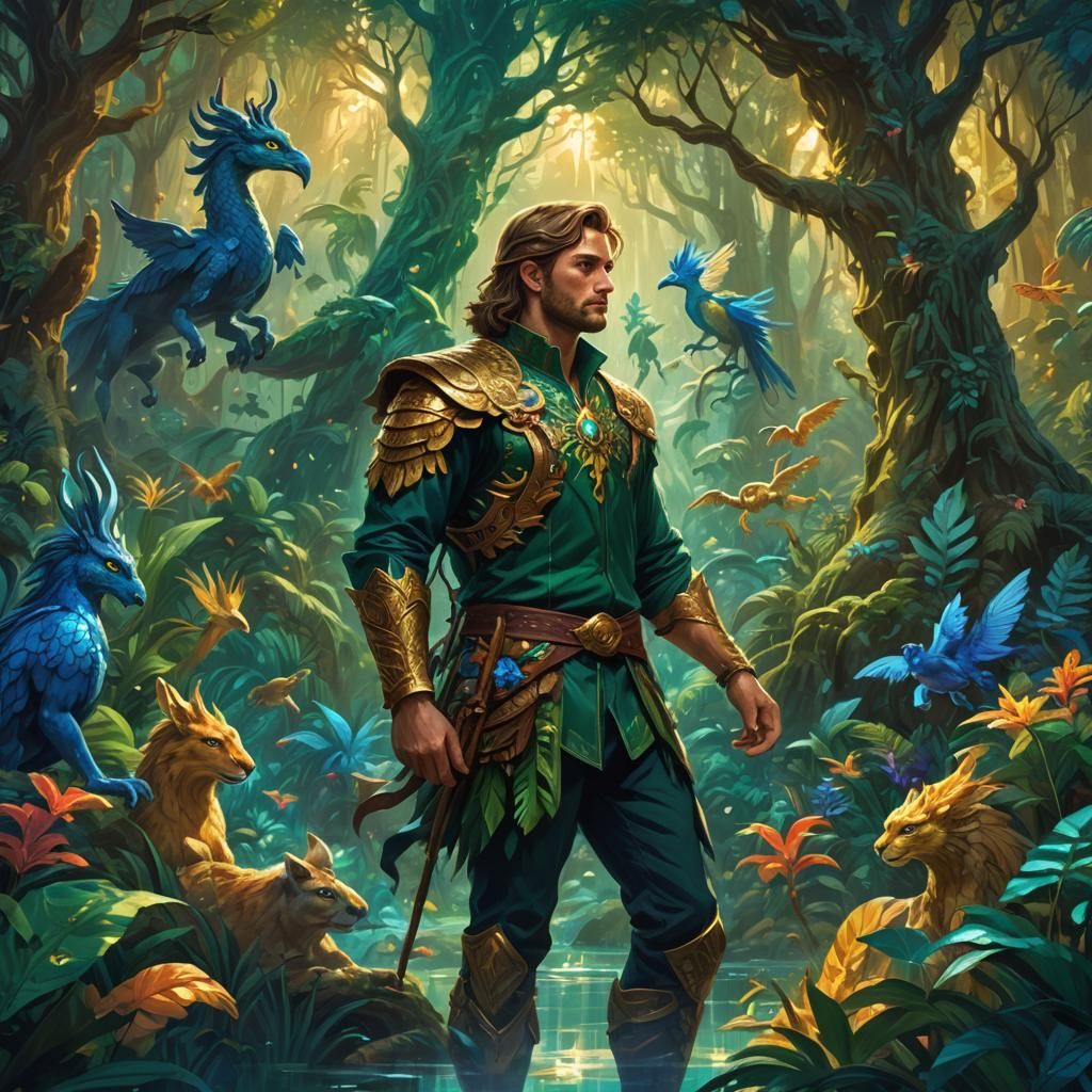 Man Admiring Mythological Painting in Fantasy Style