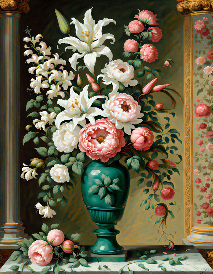 Jade Vase with Roses, Lilies and Peonies