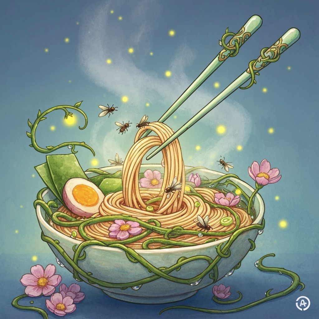 Surreal Ramen Bowl Made of Flowers and Fireflies