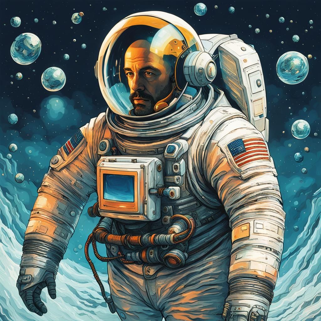 Bald Man in Spacesuit Filled with Water