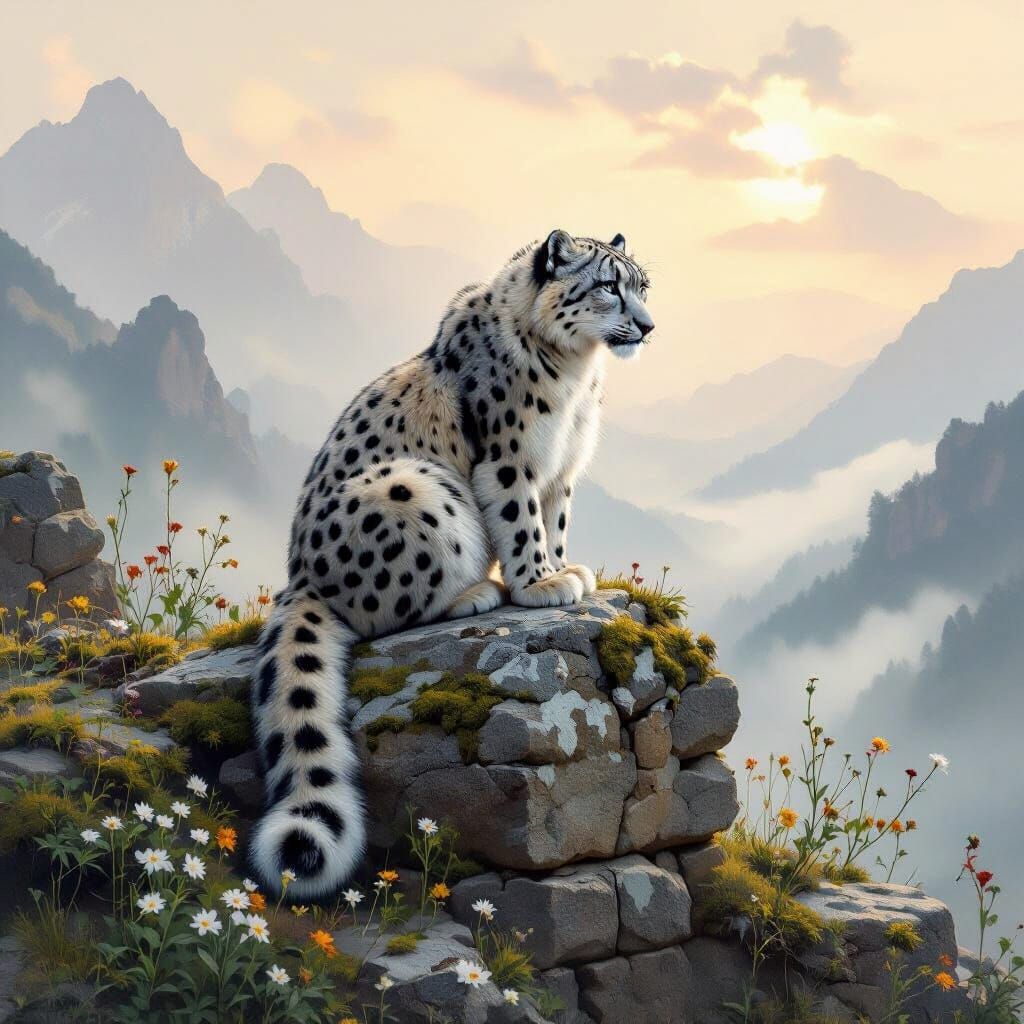 Snow Leopard Overlooking Misty Valley Landscape