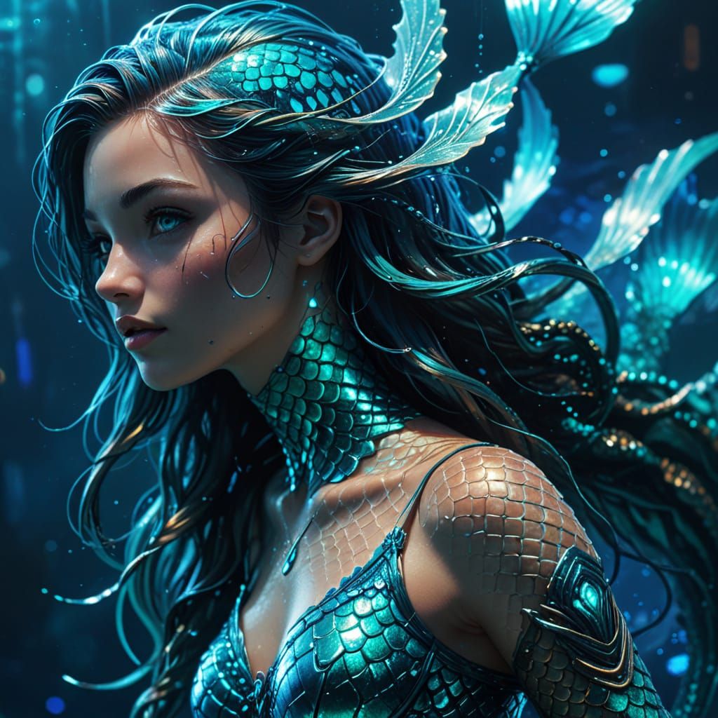 Cyberpunk Mermaid with Bioluminescent Scales in Ocean Depths