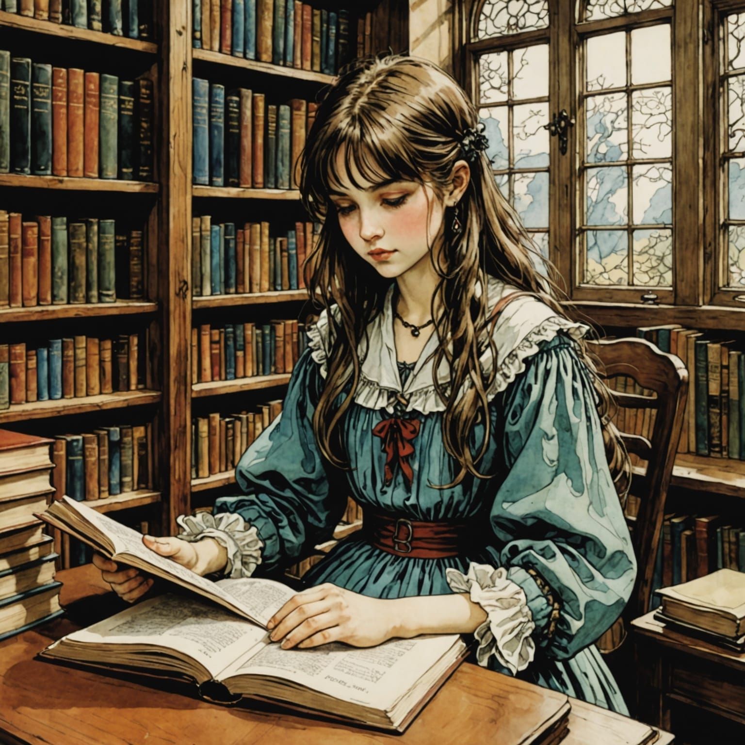 Colorful Anime Girl Reading in Library as Ink Outline