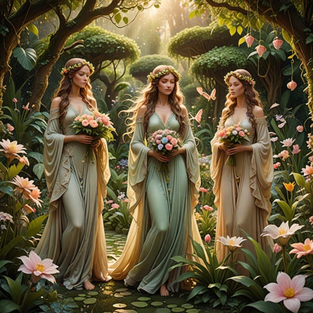 Fantasy Goddesses Amidst Lush Blooms