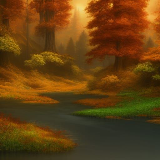 Autumn Forest River in Detailed Matte Painting