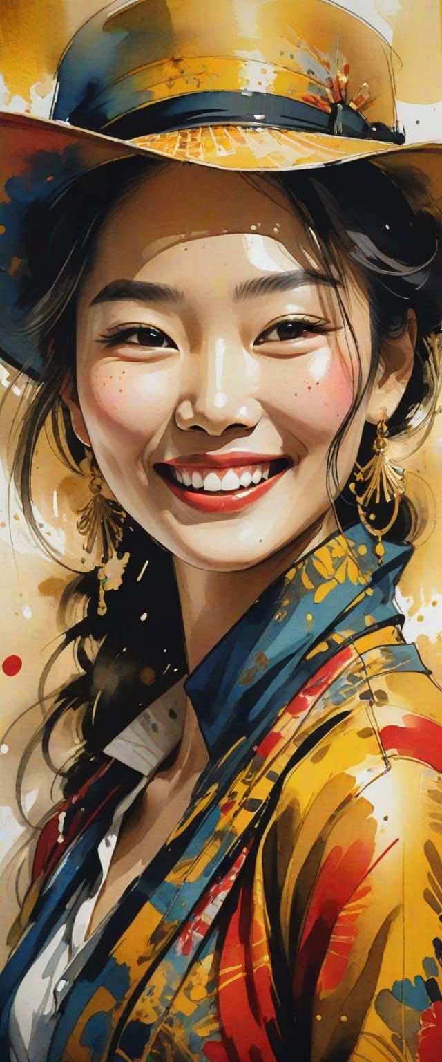 Laughing Woman in Sumi-e Ink Painting