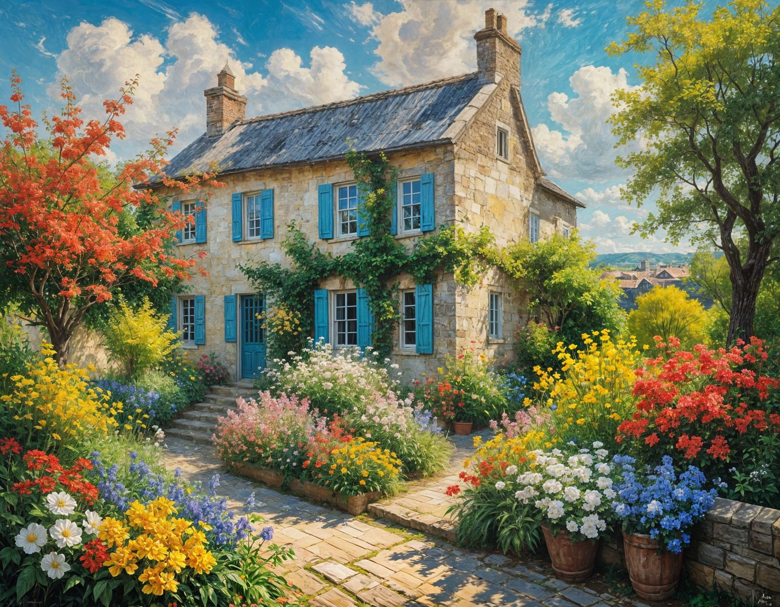 Vibrant Impressionist Oil Painting of an Old House in a Lush...