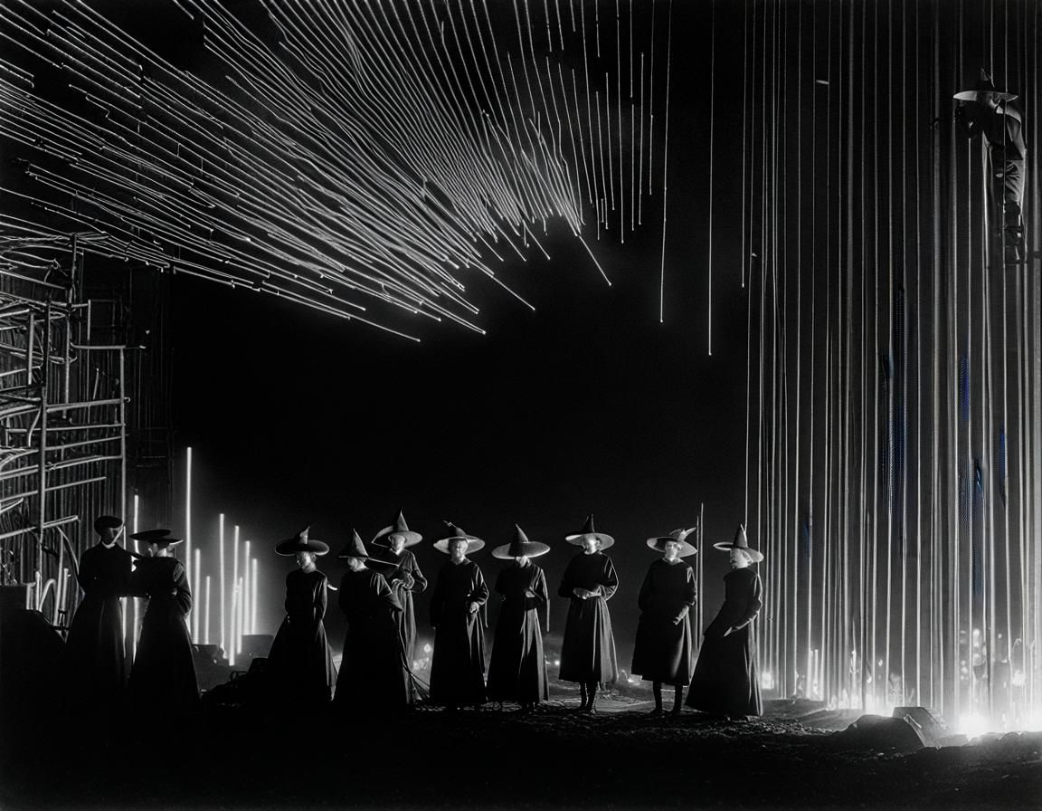 a black and white photo of a group of people, glitchcore witchcore, in the 1 9 2 2 film, in a lighting storm, cinematic,...