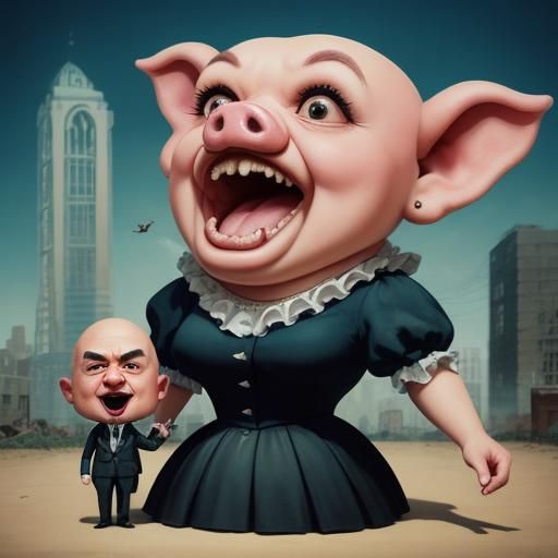 Surreal Pig Screams in Urban Wasteland: Caricature Photo