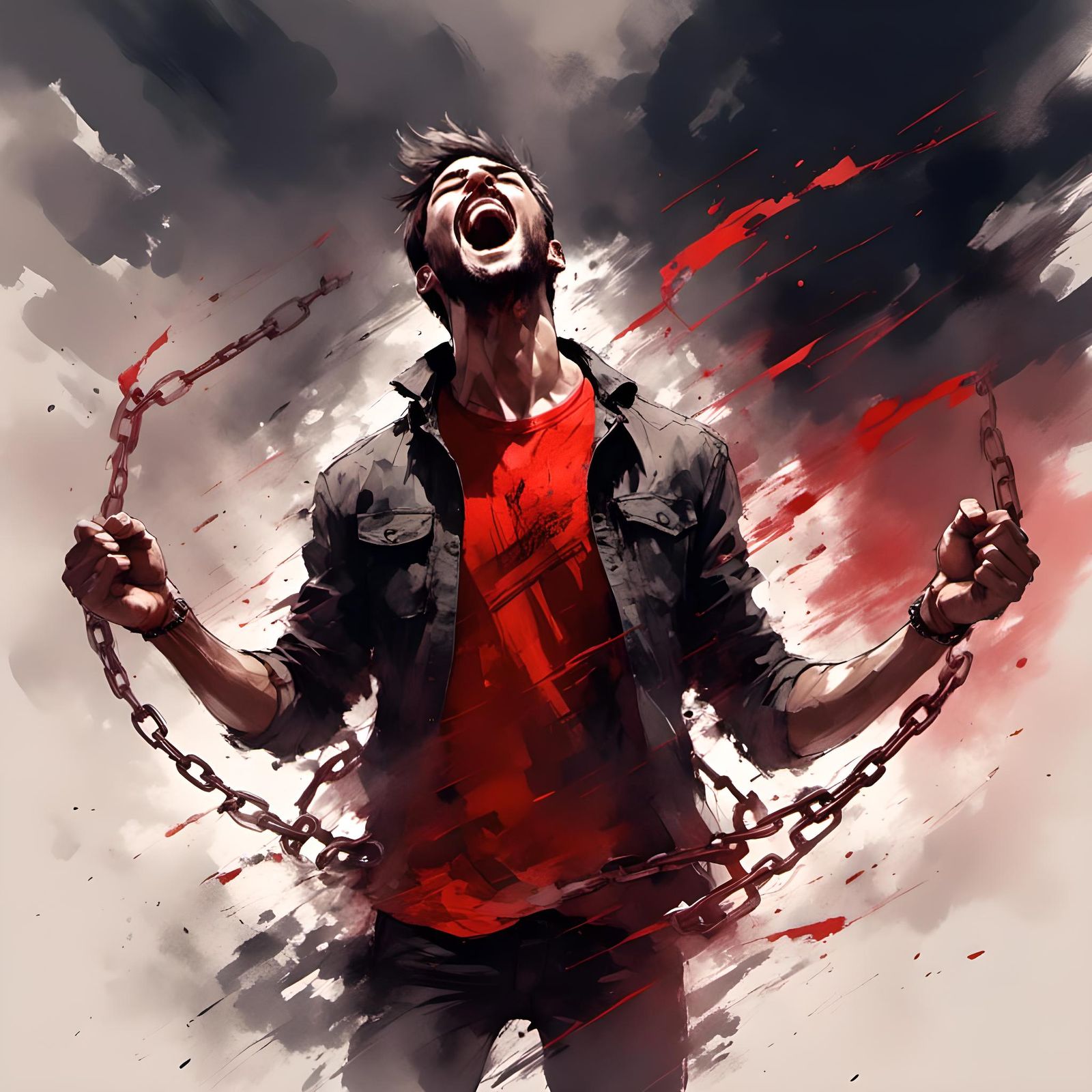 Angry Man Yelling With Broken Chains as Ink Sketch