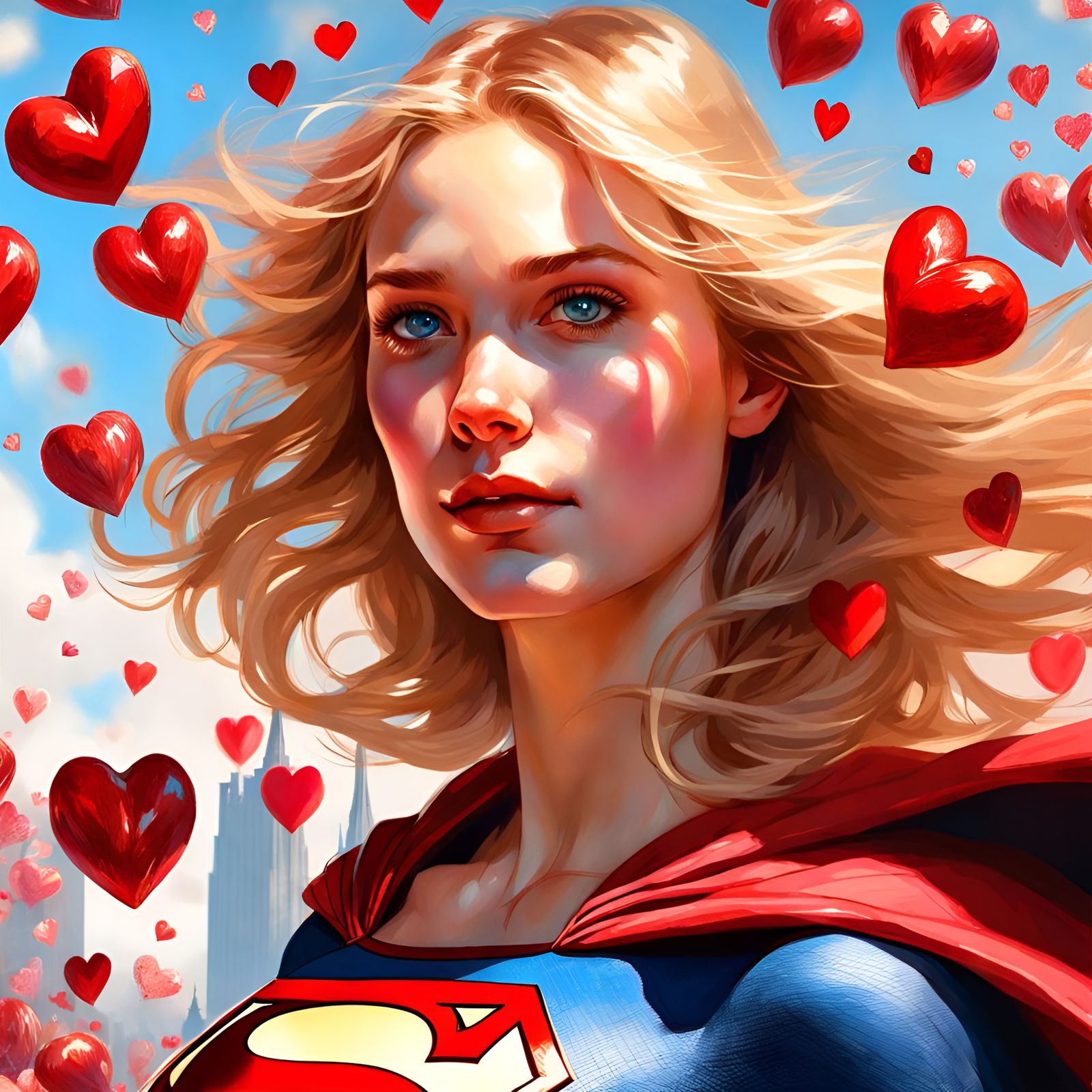 Supergirl Surrounded by Hearts: Romantic Realism Portrait
