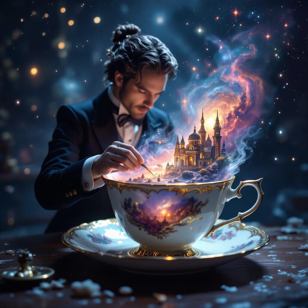 Jeweller Crafts Miniature World in Teacup Under Nebula Glow