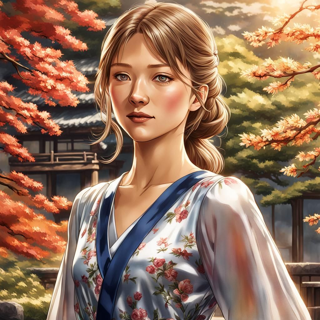 Anime-Style Woman in Silk Hanbok Dress