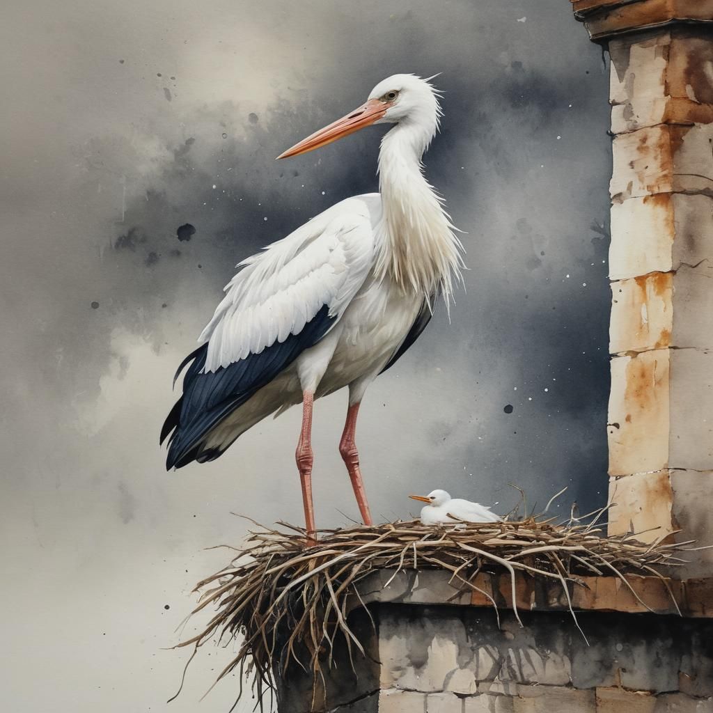 Stork in Chimney Nest: Watercolor Portrait