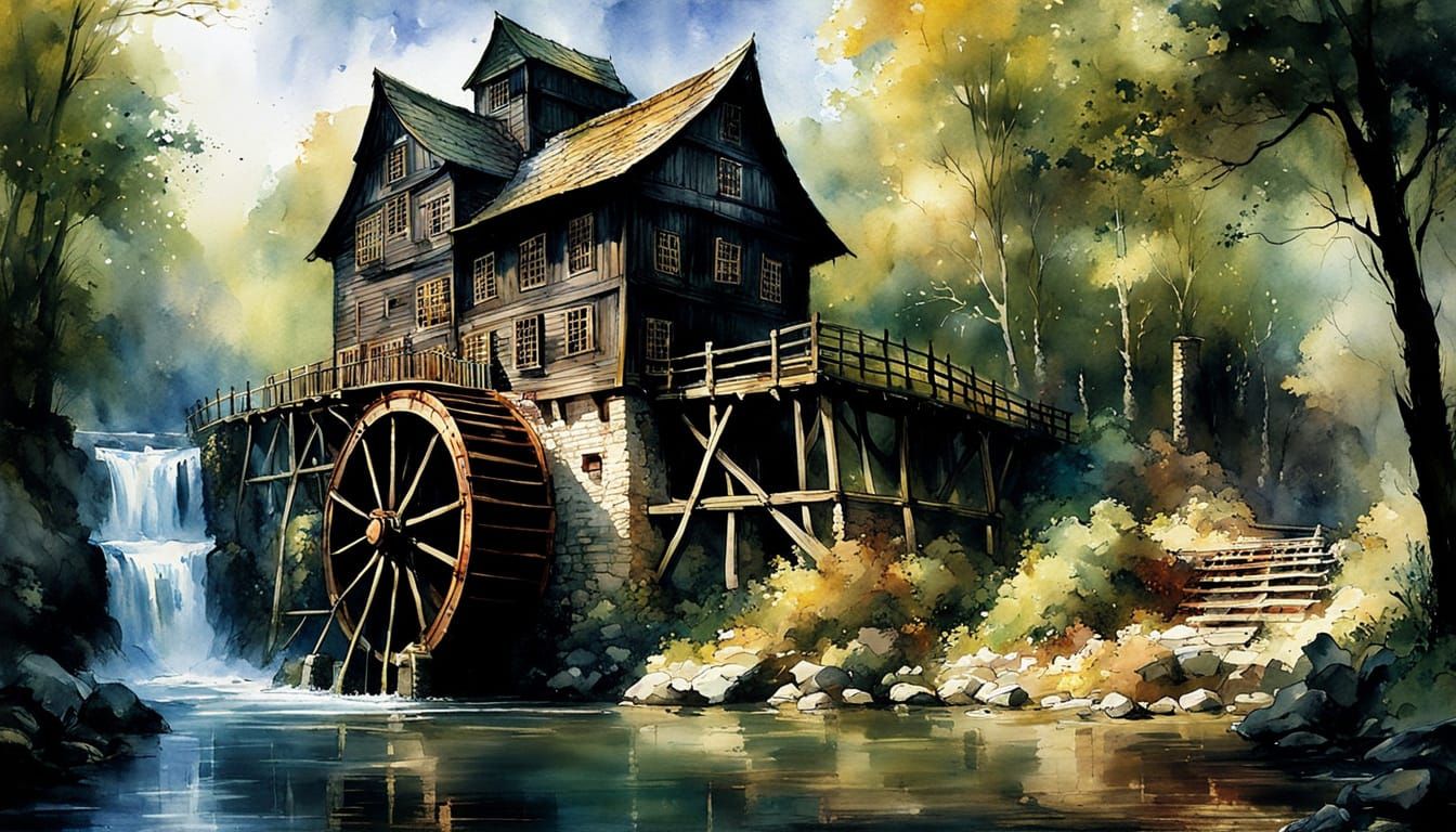 Surreal Watercolor Mill by Riverside at Dusk