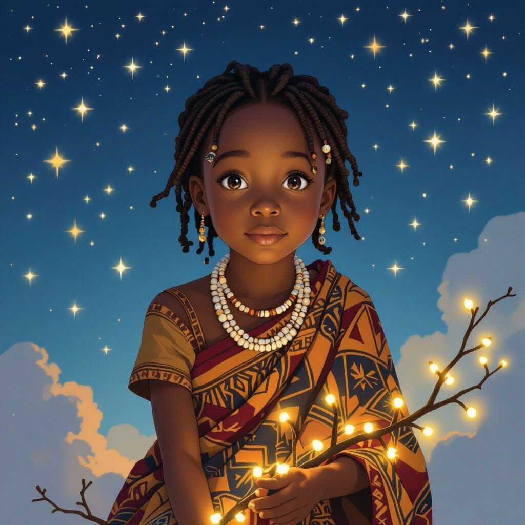 Young African Girl Ascends Through Starry Cosmos