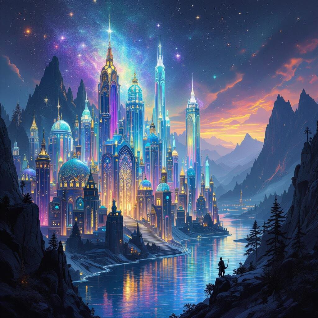 Ethereal Fantasy Landscape with Glowing Glass Buildings