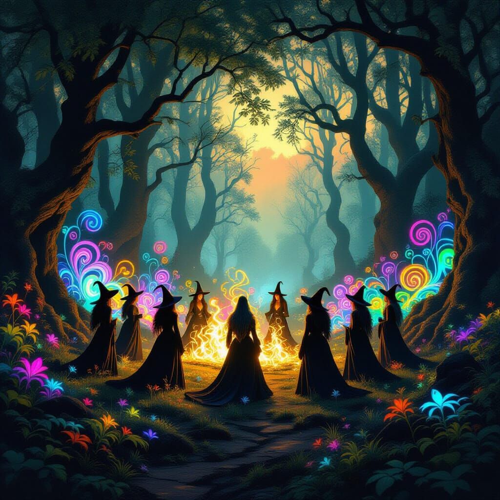 Witches in Enchanted Forest Clearing with Hallucinatory Plan...