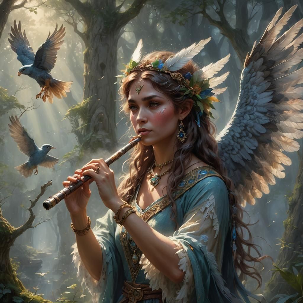 Hyperdetailed Harpy Woman Playing Flute