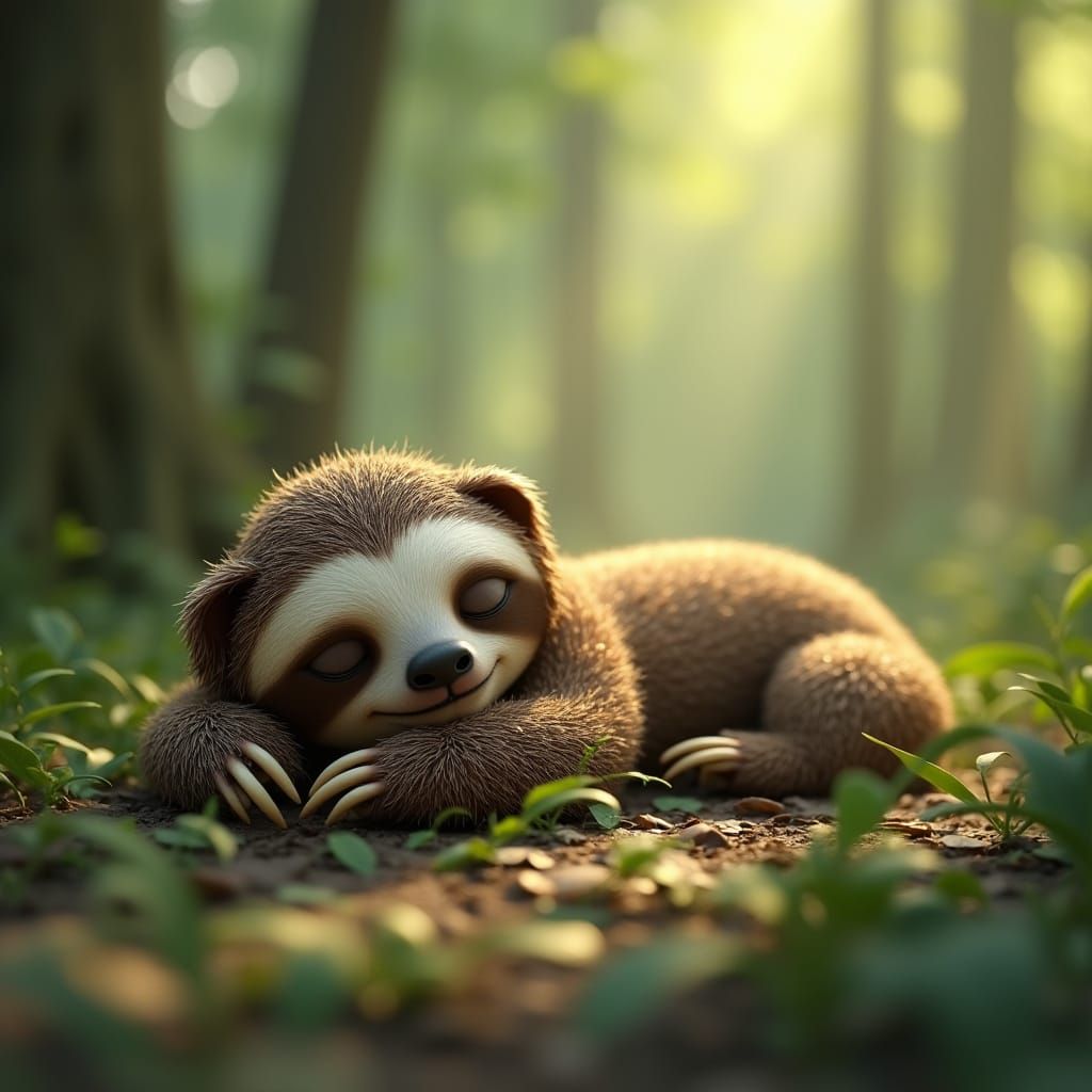 Sleeping Sloth in Leafy Environment: 3D Digital Art