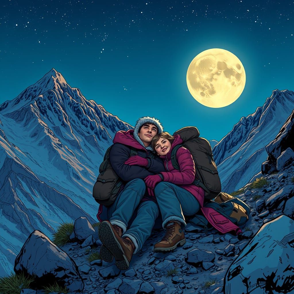 Couple Gazing at Moon in Comic Book Style