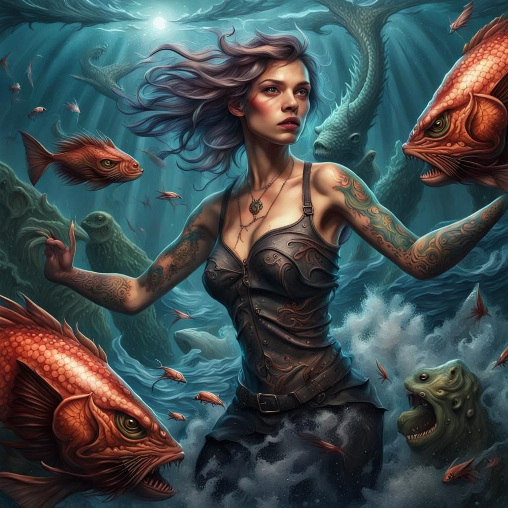 Tattooed Girl's Epic Battle with Sea Monster