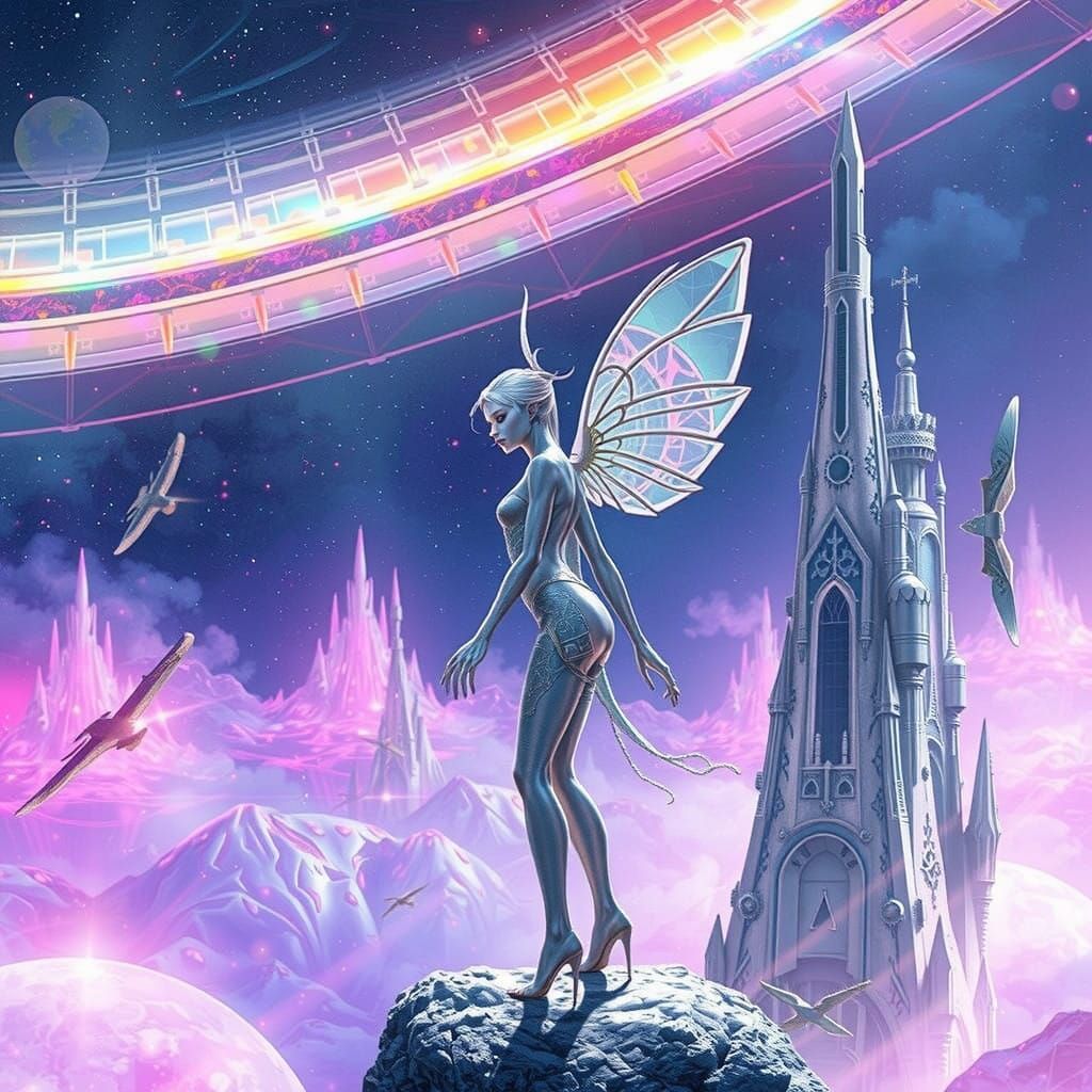 Ethereal Regal Being soars through a Dreamlike Galaxy