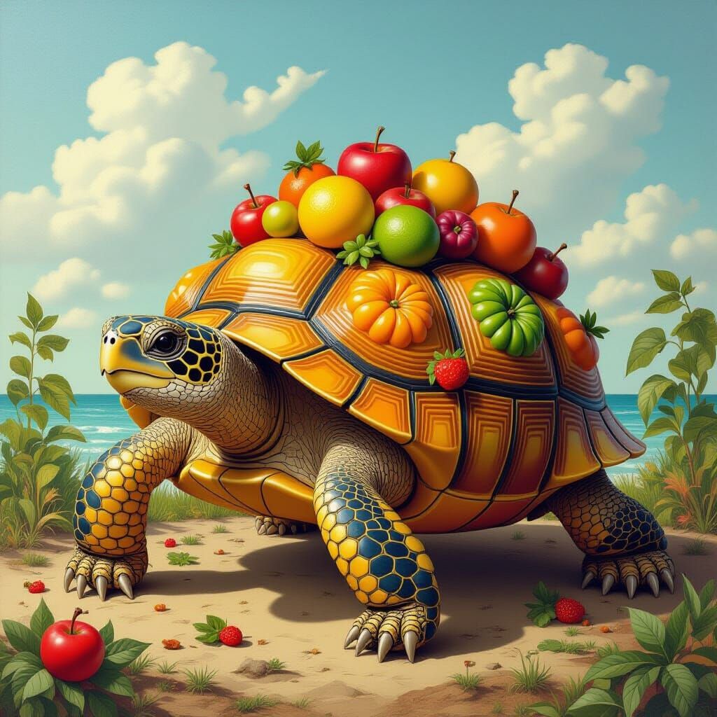 Surreal Fruit and Vegetable Turtle in Hyper-Realism