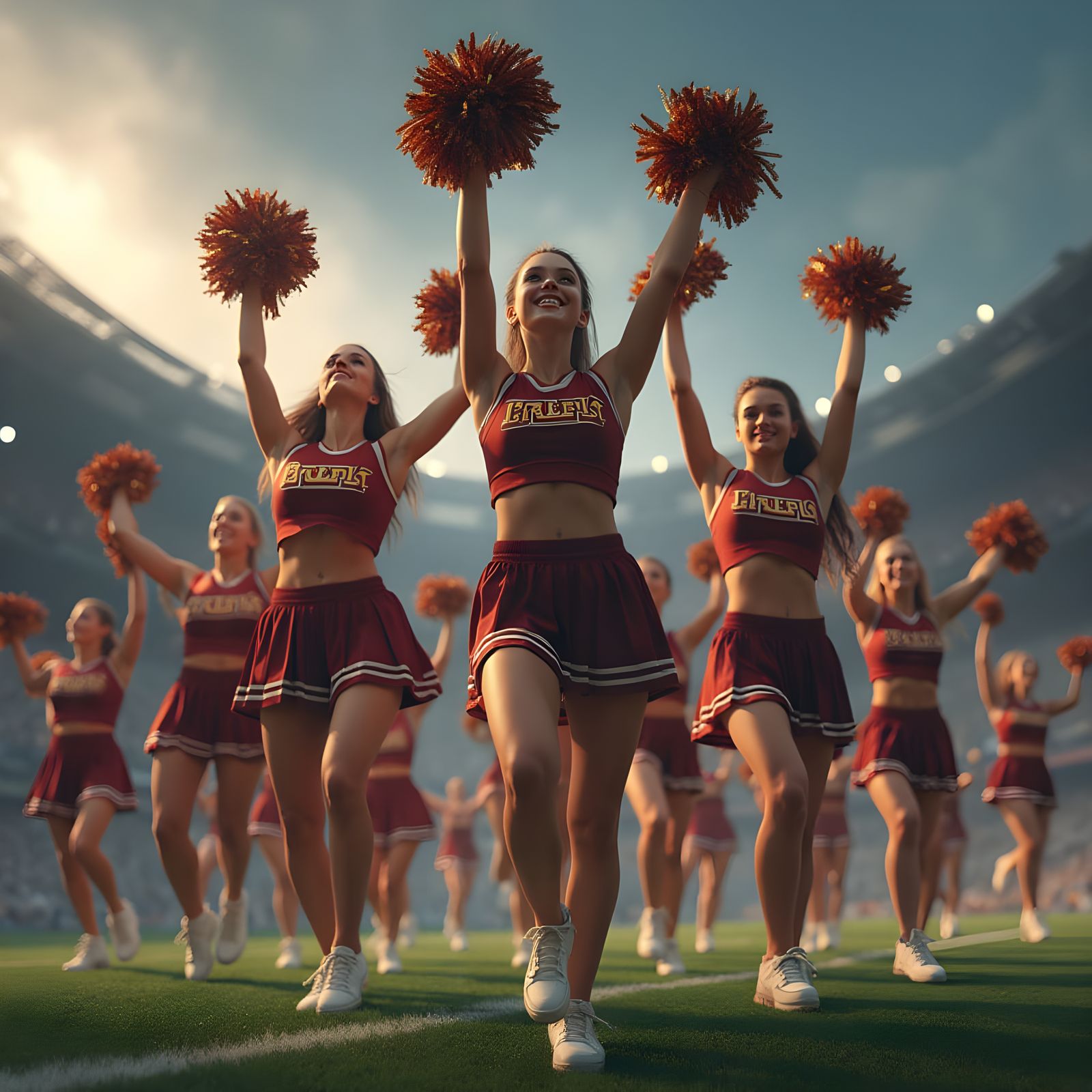 Cheerleaders Celebrate a Goal with Pompoms in HDR