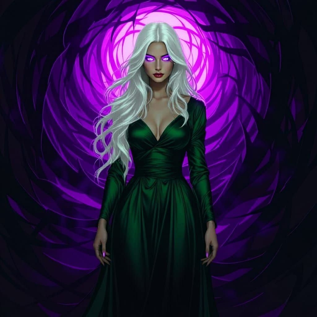 Elegant Woman with White Hair and Purple Claws in Silk Dress