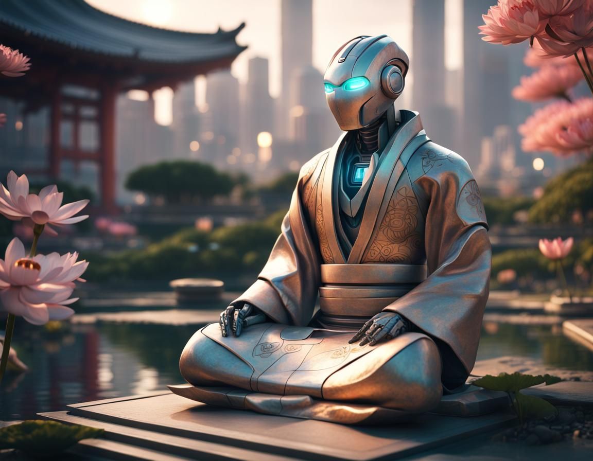 Robot in Kimono Meditates in Zen Garden