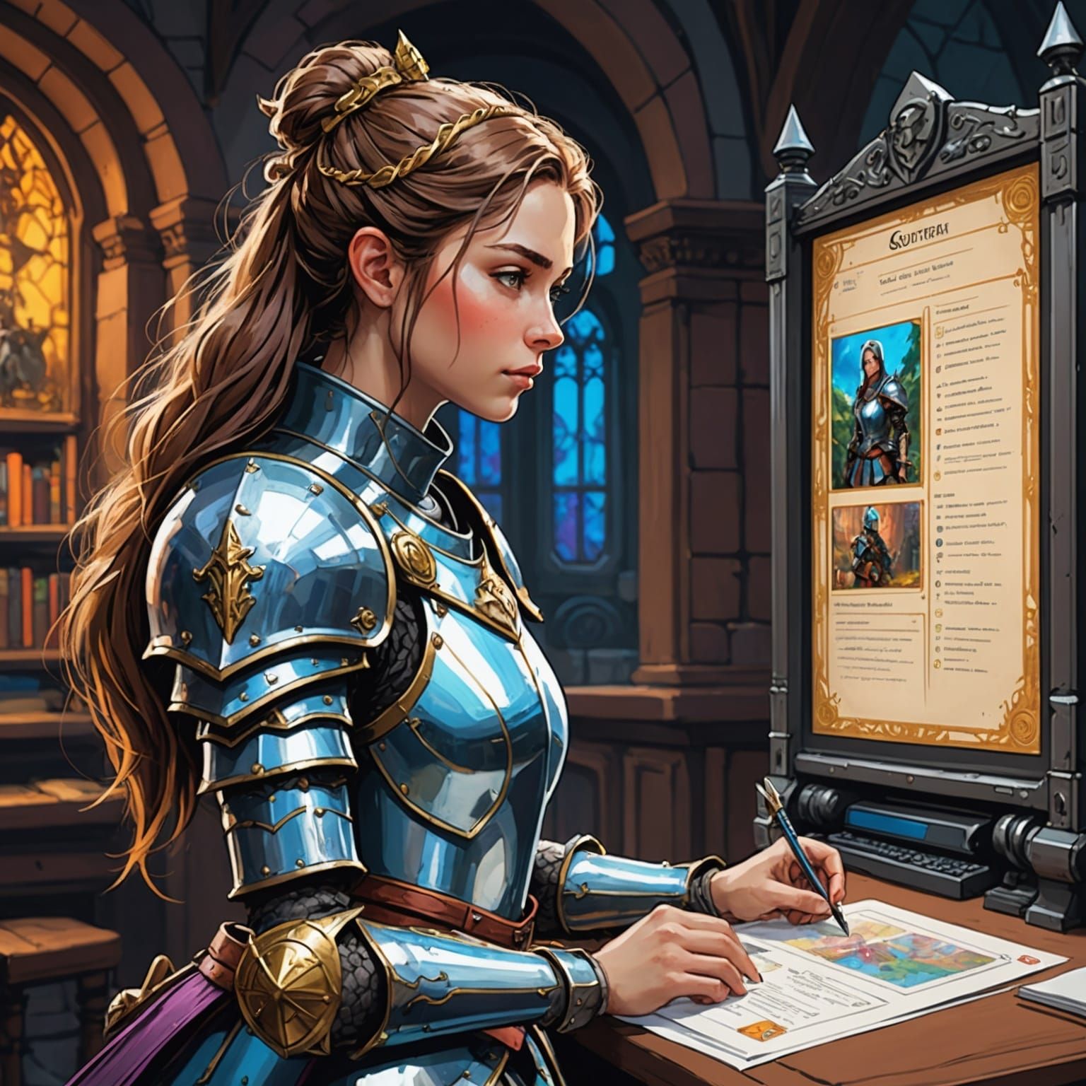 Female Knight RPG Character in Vibrant Fantasy Sketch