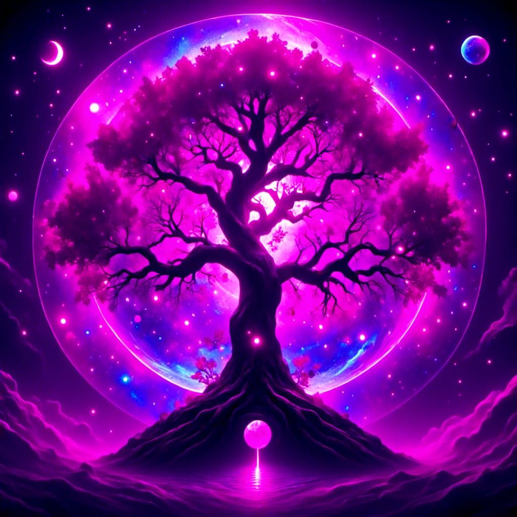 Cosmic Psychedelic Sakura Tree with Surreal Filigree